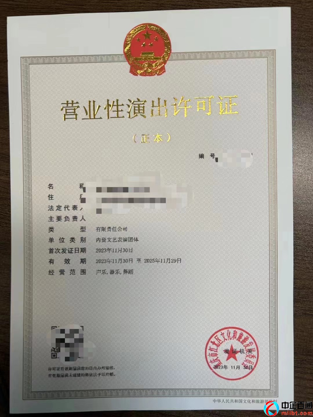 重慶營業(yè)性演出許可證文藝表演團體案例（2023年11月）